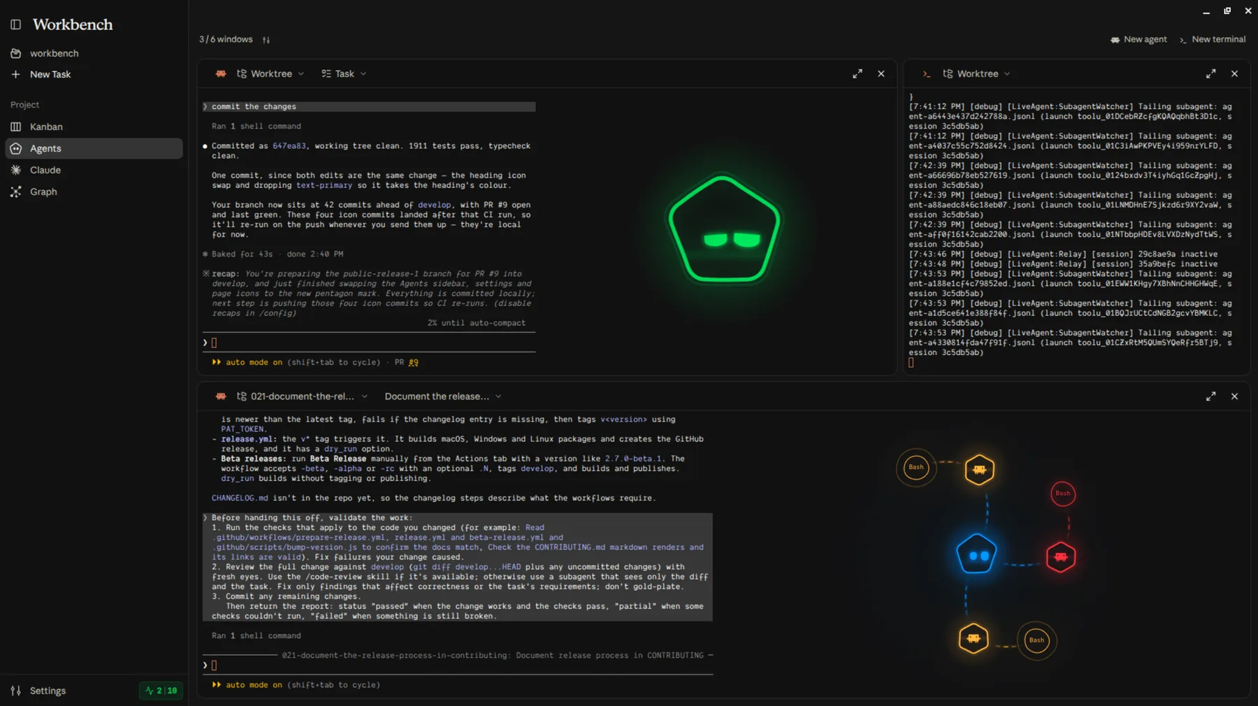 Several agent terminals running side by side, with the live agent graph beside them.