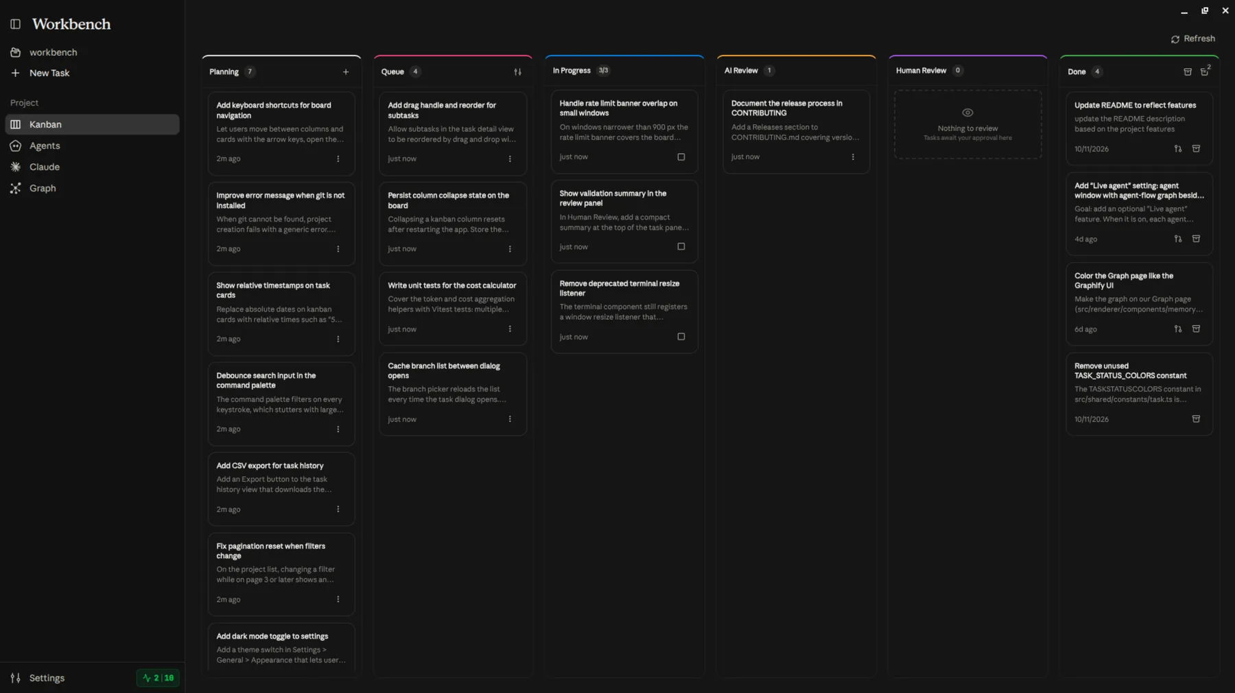 The Workbench kanban board with Planning, Queue, In Progress, AI Review, Human Review and Done columns.